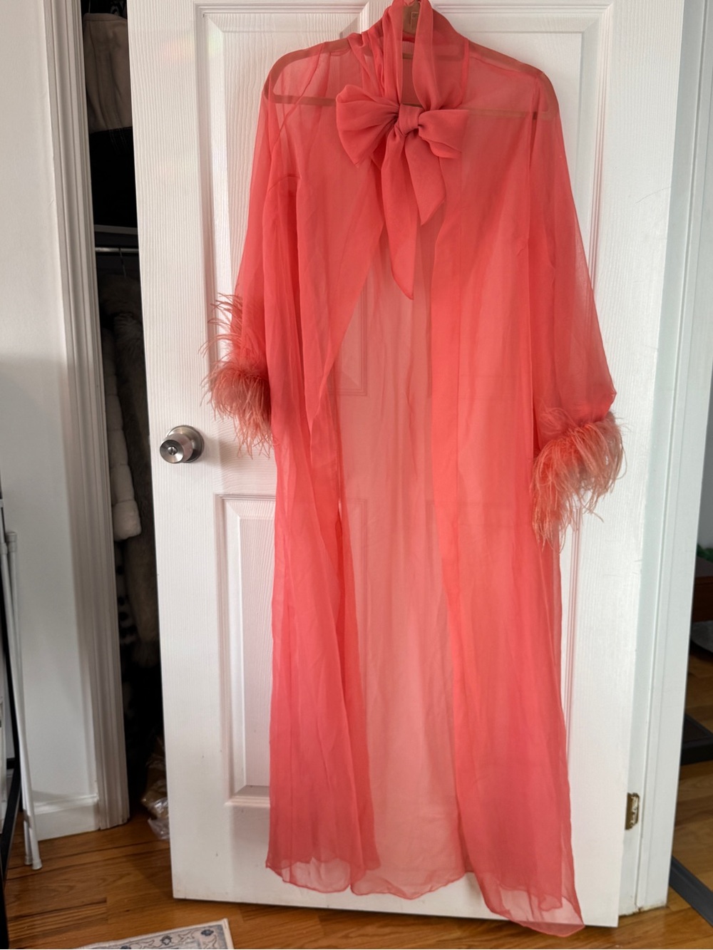 Vintage 60’s Sheer Coral Feather Trim Robe with Bow Tie